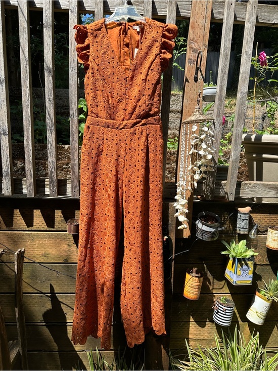 Skies Are Blue Pants - Skies Are Blue Rust Orange Eyelet Lace Wide-Leg Jumpsuit